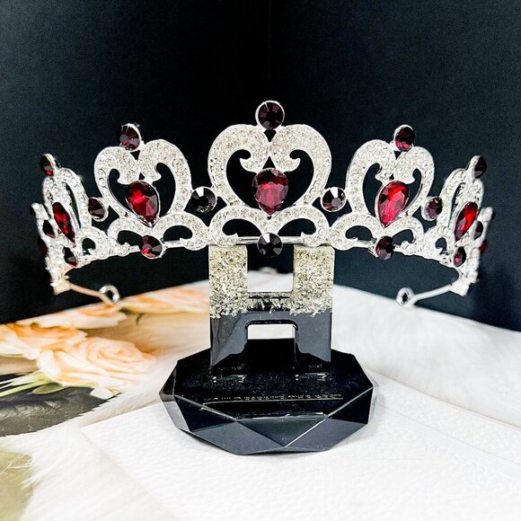 Handmade Other - Burgundy Rhinestone Tiara. Silver tiara, Heart tiara, Flower girl crown, Gifts
